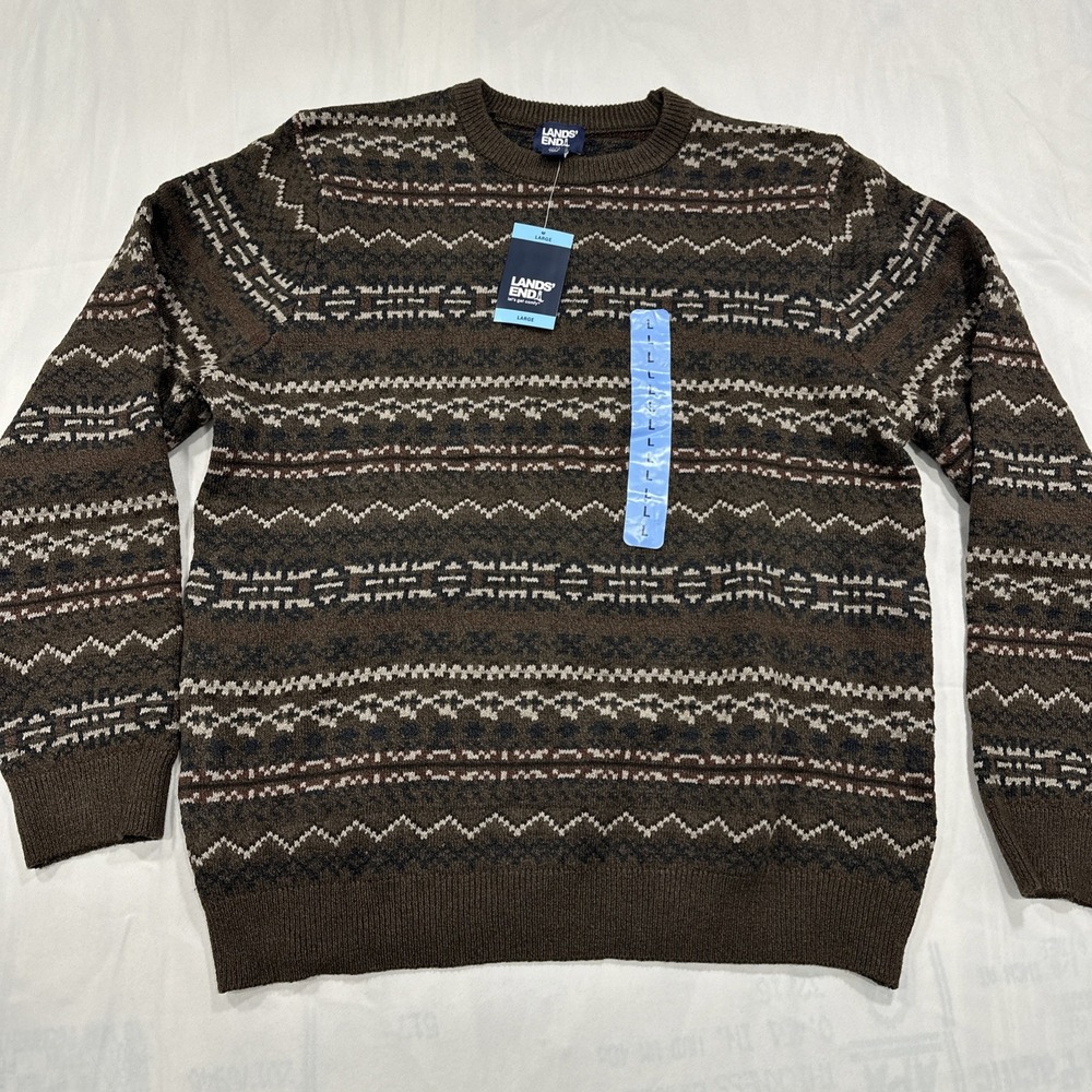 NWT Lands' End Sweater Mens Large Brown Fair Isle Long Sleeve Stretch Pullover